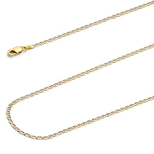 14k REAL Two Tone Gold Solid 2.5mm Flat Mariner White Pave Chain Bracelet with Lobster Claw Clasp - 7"