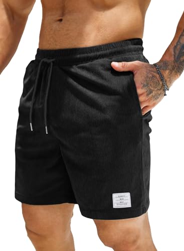 JMIERR Men Shorts Corduroy Cotton Casual 7 Inch Inseam Classic Fit Flat Front Elastic Waist Drawstring Lightweight Summer Beach Shorts for Men, L, Black