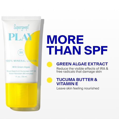 Supergoop! PLAY Mineral Lotion - 3.4 fl oz - Broad Spectrum SPF 30 Sunscreen for Face & Body - Lightweight, Fast Absorbing + Water-Resistant - With Green Algae