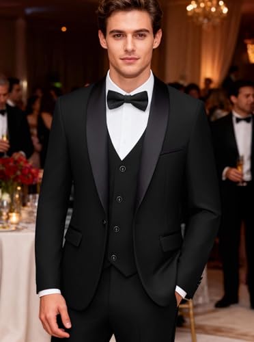WULFUL Men's 3 Piece Suits Slim Fit Tuxedo Suit Set One Button Shawl Lapel Blazer Jacket Vest Pants Set for Prom, Business Black