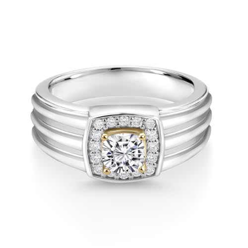 Gem Stone King Men's 5MM Cushion Gemstone Birthstone and Lab Grown Diamond Ring For Men Set In 925 Silver and 10K Yellow Gold | Available In Size 7, 8, 9, 10, 11, 12, 13