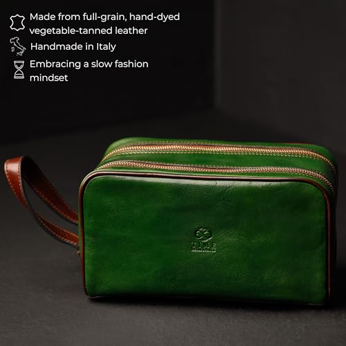 Time Resistance Leather Cosmetic Bag - Italian Toiletry Dopp Kit (Green)
