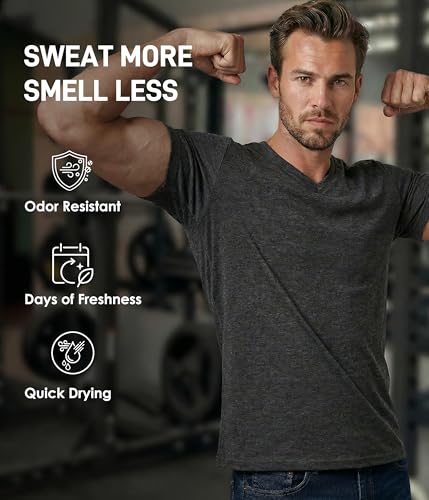 SUNCHIRI 2 Pack Merino Wool T Shirts for Men, Merino Wool V-Neck 100% Wool Base Layer, Breathable Undershirt for Travel, Fitness(Darkgrey, L)
