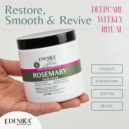 EDENIKA BOTANICALS Rosemary Hair Mask with 100% Rosemary Oil & Biotin, Anti-Hair Loss & Strengthening Treatment, Deep Conditioning & Hydration for Thicker-Looking Hair, Sulfate-Free, Men & Women