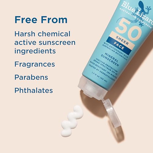 Blue Lizard Sheer Face Mineral SPF 50 Sunscreen Lotion, 100% Mineral Formula, Blue Light Protection, Lightweight, Rubs In Smooth, Nourishes and Hydrates, Paraben-Free, Fragrance-Free, 1.7 fl oz