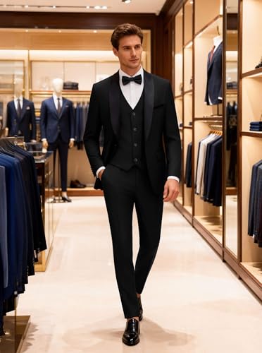 WULFUL Men's 3 Piece Suits Slim Fit Tuxedo Suit Set One Button Shawl Lapel Blazer Jacket Vest Pants Set for Prom, Business Black