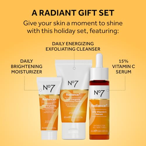No7 Radiance Trio Gift Set - Includes Radiance+ Brightening Vitamin C Face Moisturizer, 15% Vitamin C Facial Serum, and Daily Energizing Exfoliating Face Wash (3 pieces)