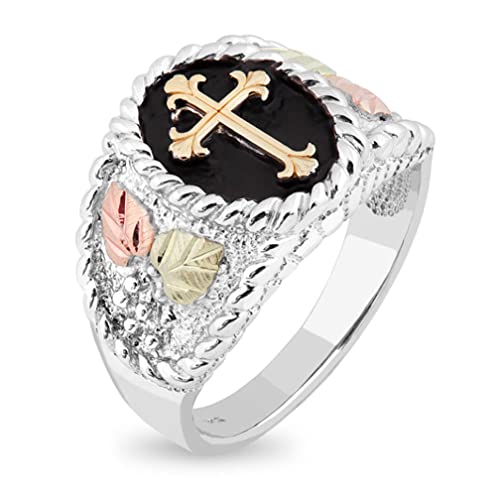 Men's Cross Ring, Sterling Silver, 10k Yellow Gold, 12k Green and Rose Gold Black Hills Gold Motif, Size 13