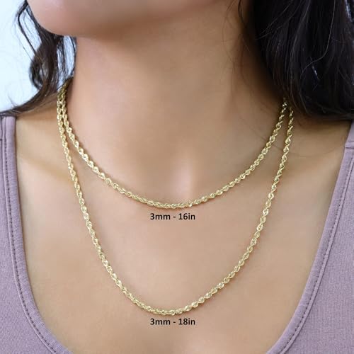 Nuragold 14k Real Yellow Gold 3mm Rope Chain Lightweight Necklace (16"-30") - 20"
