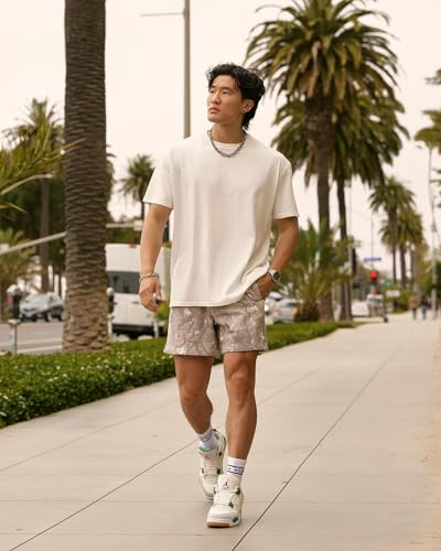 BOOMLEMON Mens Mesh Graphic Print Shorts Fashion Designer Workout Shorts Retro Casual Cool Streetwear Short Pants(Tree Camo Grey M)