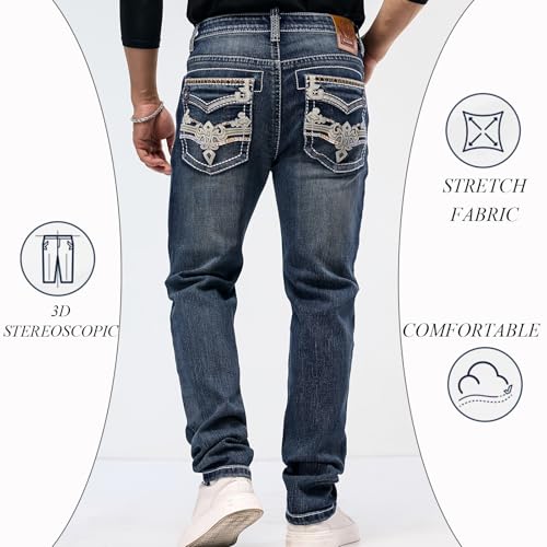 Men's Jeans - Embroidery Washed Crackle Design Jeans Relaxed Fit Stretch Casual Jeans Comfortable Classic Fit Jeans (US, Waist, 34, Regular, Blue)
