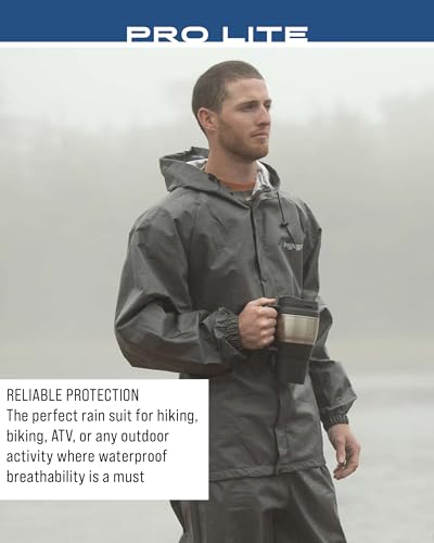 FROGG TOGGS Men's Pro Lite Rain Suit, Waterproof, Breathable, Dependable Wet Weather Protection, Carbon Black, Medium-Large