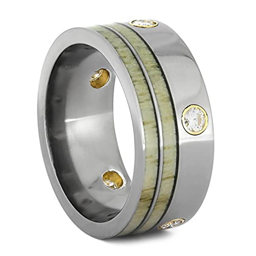 Men's Titanium, Deer Antler Diamond Past Present Future, 14k Yellow Gold 10mm Titanium Wedding Ring Size 8.5