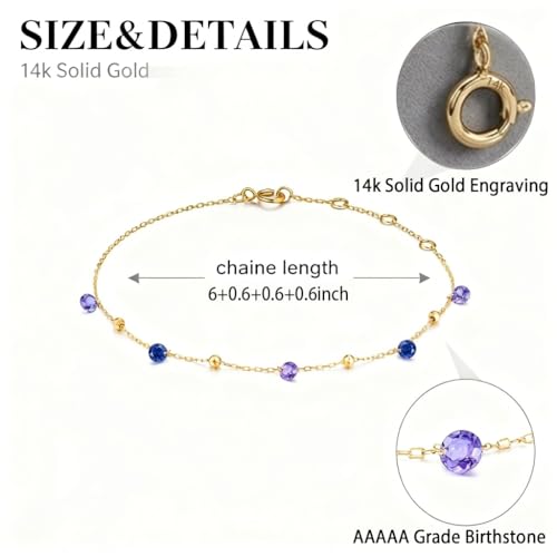 NFYBD 14K Solid Gold Custom Multi-Gemstone Station Bracelet in Real Pure Gold Gift for Women (Simulated diamonds and garnets)