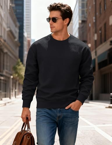 MAGCOMSEN Mens Sweatshirts Winter Warm Textured Pullover Shirt Long Sleeve Soft Plain Casual Soft Sweatshirt for Men No Hood Black