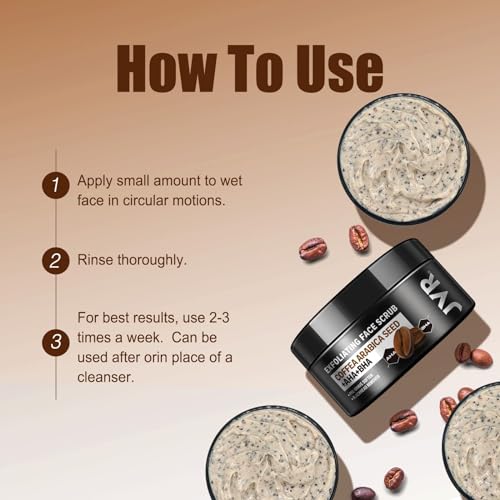 JVR Face Scrub for Men, Facial Scrub for Deep Exfoliating, Cleansing Blackheads, Ingrown Hair, Pre-shave Soften, Organic Formulated with Coffee Extract, AHA and BHA Face Exfoliator (4.23 oz)