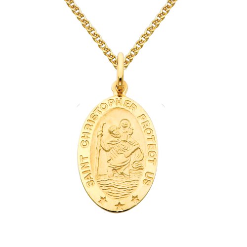 The World Jewelry Center 14k Real Yellow Gold Religious Saint Christopher Medal Pendant with 1.5mm Flat Open Wheat Chain Necklace - 18"