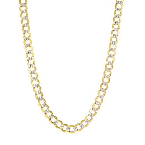 14k REAL Two Tone Gold 4.5mm Bevelled Hollow Cuban Curb White Pave Chain Bracelet with Lobster Claw Clasp - 7.5"