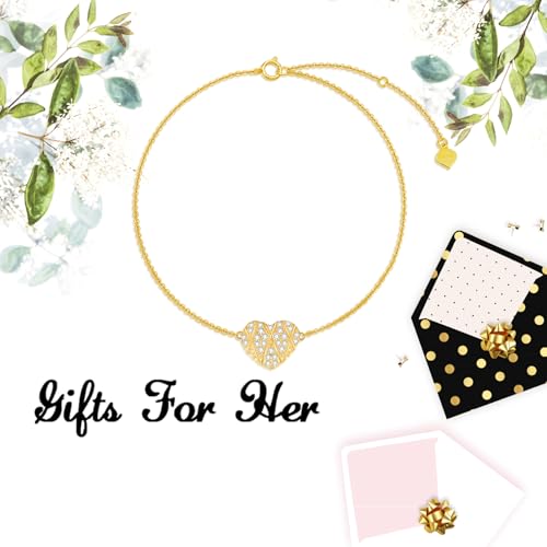 SISGEM 10k Gold Heart Anklets for Women, Real 10kt Gold Created Moissanite love Ankle Bracelet for Her, 9.4-11.0 Inches