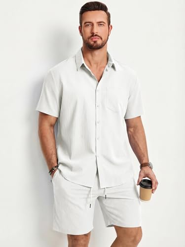 JMIERR Men Beach Sets 2 Piece Short Sleeve Summer Outfits 7 inch 2026 Quiet Luxury Sets Tracksuit with Pockets, 3XL, White