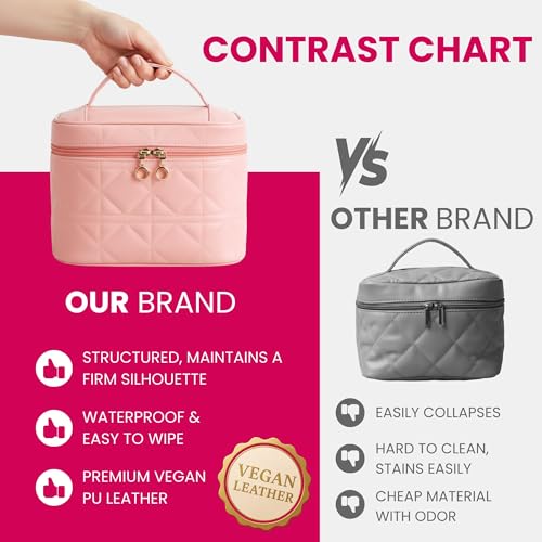NESTORO Makeup Bag with Jewelry Case Set, Pink Quilted PU Leather with Handle, Gold Zipper