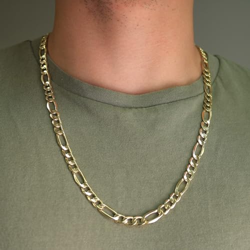 Nuragold 14k Real Yellow Gold Figaro Link 7.5mm Wide Chain Mens Necklace - 24"