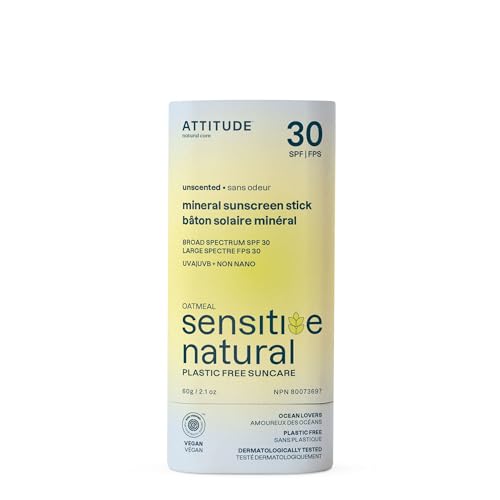 ATTITUDE Mineral Sunscreen Stick for Sensitive Skin, SPF 30, EWG Verified, Plastic-Free, Broad Spectrum UVA/UVB Protection with Zinc Oxide, Dermatologically Tested, Vegan, Unscented, 2.1 Ounces