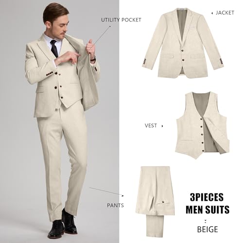 Mens 3 Piece Suits Linen Classic Fit Beige Tuxedo Suit for Wedding Lightweight Formal Business Blazer Jacket and Pants M