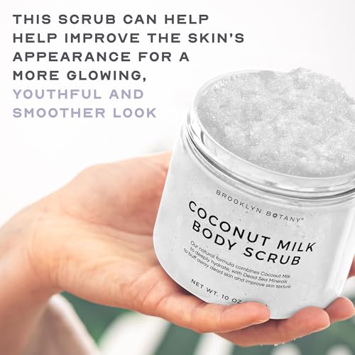 Brooklyn Botany Coconut Milk Body Scrub - Moisturizing and Exfoliating Body, Face, Hand, Foot Scrub - Fights Stretch Marks, Fine Lines, Wrinkles - Great Gifts for Women & Men - 10 oz