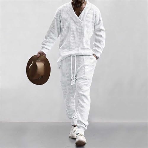 Cable Jacquard Set, Athleisure Men's V-Neck Long Sleeve Tops and Drawstring Jogging Suits 2 Piece Set, Men's Tracksuits (Khaki,Medium)