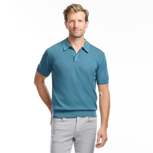 SAKS Fifth Avenue Men's Short Sleeve Rib Knit Sweater Polo, Premium Cotton Blend Knit Top, Classic-Fit & Richly Detailed, Teal, M