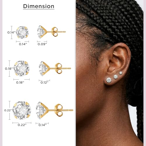 Jewelili 10K Yellow Gold 3 Pair Stud Earrings Set for Women