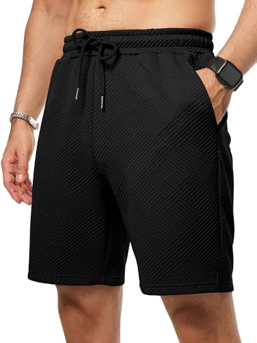 JMIERR Mens Casual Shorts Drawstring Summer Beach Stretch Waist Texture Jacquard Work Black Sweat Shorts with Pockets, L