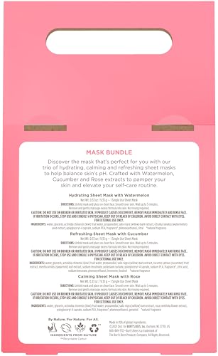 Burt's Bees Mothers Day Gifts, Face Mask Bundle Set, Hydrating Watermelon, Calming Rose, & Refreshing Cucumber, Face Sheet Masks for Single Use Skin Care, 99% Natural Origin, 3 Count, 0.33oz Each