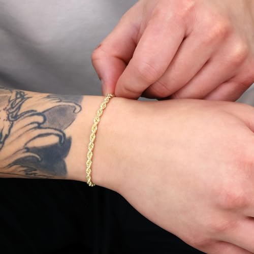 Nuragold 14k Real Yellow Gold Rope Chain Solid Diamond Cut Bracelet - 3mm - 7"