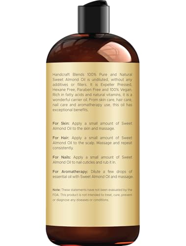 Handcraft Blends Sweet Almond Oil | 100% Pure and Natural | Bath & Body Oil | Premium Grade Carrier Oil | Skin | Hair | Body | Massage | Hexane-Free | 16 Fl Oz