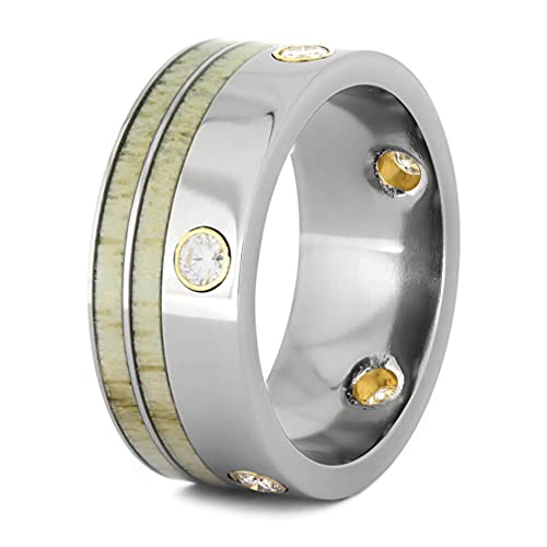 Men's Titanium, Deer Antler Diamond Past Present Future, 14k Yellow Gold 10mm Titanium Wedding Ring Size 8.5