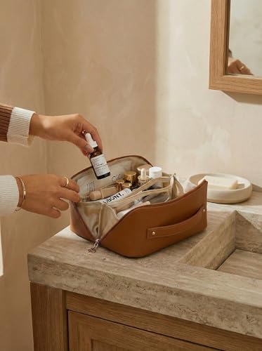 EACHY Travel Makeup Bag for Women, PU Leather Cosmetic Bag, Brown, Medium
