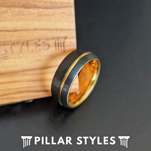 Yellow Gold Tungsten Rings for Men Wedding Band with Offset 14K Golden Groove Inlay 8mm Unique Domed Black Comfort Fit Anniversary Gifts for Him