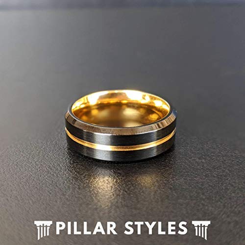 Pillar Styles Black and Gold Wedding Bands Unique 14K Yellow Gold Tungsten Rings for Men 8mm Black Beveled Edges Golden Groove Comfort Fit Ring for Him