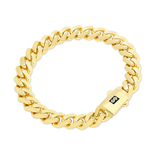 Nuragold 14k Yellow Gold 9mm Royal Monaco Miami Cuban Link Chain Bracelet, Mens Womens Fancy Box Clasp 7" 7.5" 8" 8.5" 9"