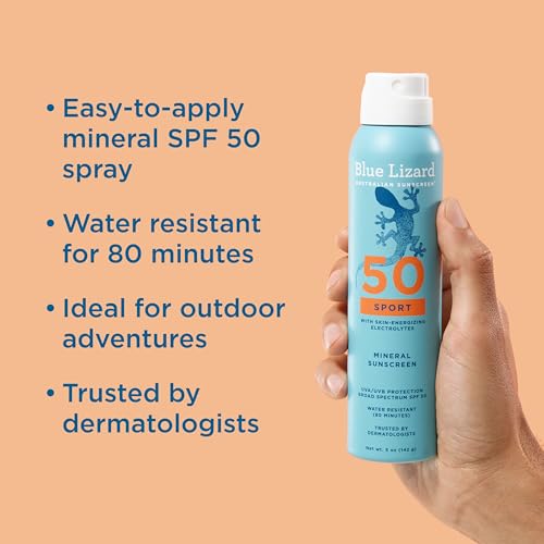 BLUE LIZARD Sport Mineral Sunscreen Spray SPF 50+, Dermatologist-Recommended Brand, Broad-Spectrum UVA/UVB Protection, Water-Resistant, Zinc Oxide Formula, Vegan, 5 fl oz