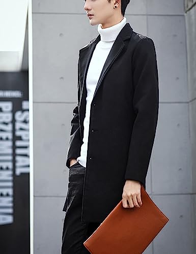 Springrain Men's Wool Blend Pea Coat Notched Collar Single Breasted Overcoat Warm Winter Trench Coat(Black-XS)
