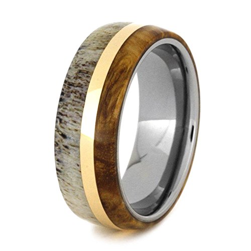 Black Ash, Deer Antler, 14k Yellow Gold 7mm Comfort-Fit Titanium Band and Sizing Ring, Size 6.5