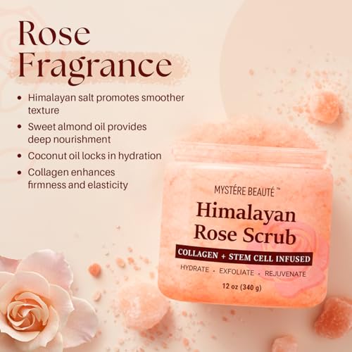 Himalayan Salt Body Scrub, Collagen & Rose Oil for Skin Cleansing, 12 fl oz