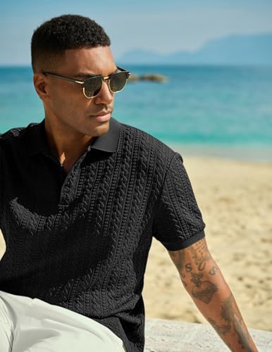 JMIERR Polo Shirts for Men Classic Fit Casual Ribbed Button Down Shirt Quiet Luxury Clothes Casual Collared Shirt, US43(L), Black