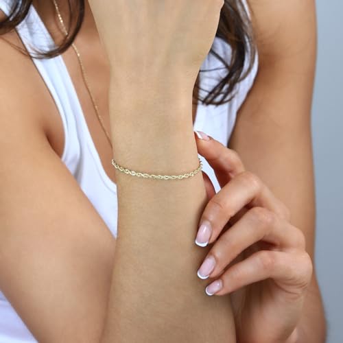 Nuragold 14k Real Yellow Gold Rope Chain 2mm Diamond Cut Bracelet or Anklet - 7"