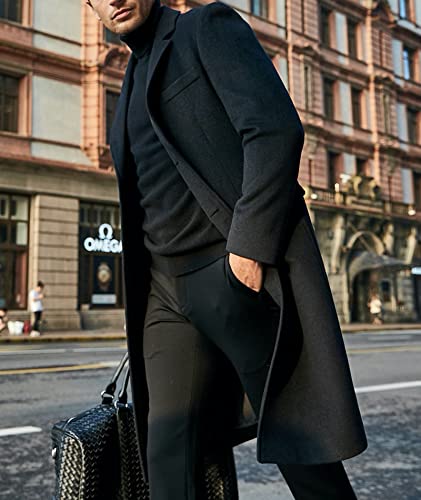 xxxiticat Men's Winter Trench Coat Long Sleeve Notch Lapel Single Breasted Quilted Cotton Long Overcoat Jacket Wool Pea Coat(BL,3XL)