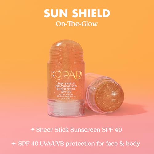 Kopari Sun Shield On-The-Glow Sheer Sunscreen Stick SPF 40, Sweat and Water Resistant Roll On Sunscreen For Face and Body with Vitamin E and Bisobolol, 1oz