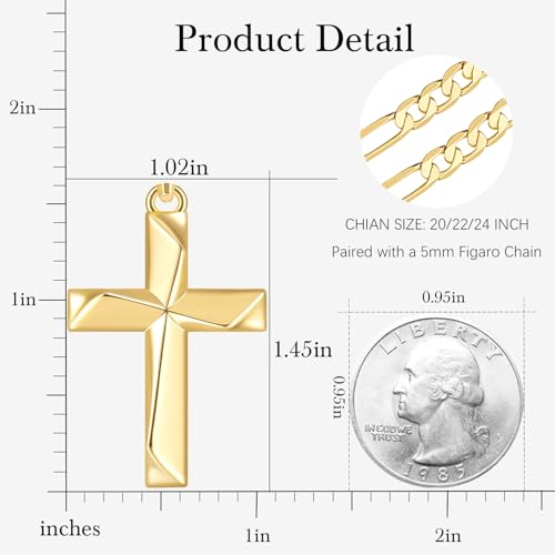 GLOSOLE Cross Necklace 14K Gold Cross Necklace for Men 24in